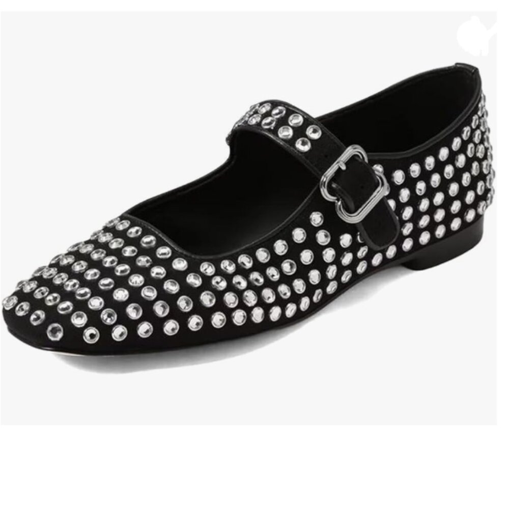 XYD Black Studded Mary Jane Flats with Buckle